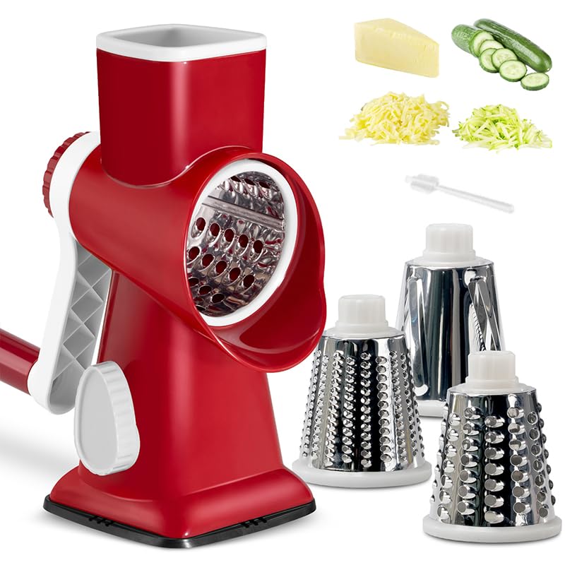 EDEFISY Cheese Grater Hand Crank Rotary Vegetables Shredder with Handle, 3-in-1 Graters with Interchangeable Blades and Strong Suction Base Multifunctional Slicer for Kitchen