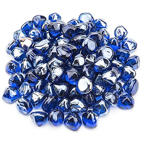 Kinway 20lbs Fire Glass Diamonds 1 Inch Blue Fire Pit Glass Rocks for Fire Pit Fireplace - Cobalt Blue