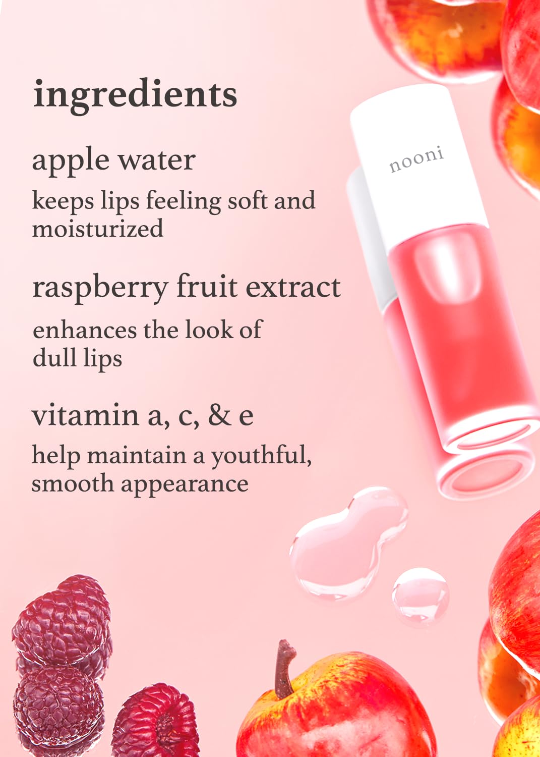 NOONI Korean Lip Oil - Appleberry | Lip Stain, Gift, Long-Lasting, Moisturizing, Plumping, Revitalizing for Dry Lips, Waterproof, No Peel Off, Korean Lip Tint, Vegan, 0.12 Fl Oz