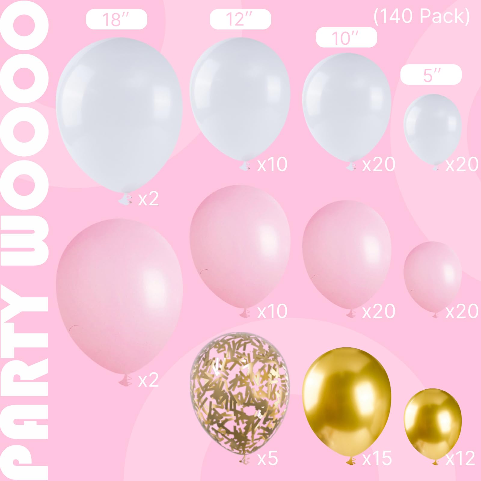 PartyWoo Pink and White Balloon Arch Kit Garland 140 pcs Different Sizes of 18 12 10 5 Inch Light Pastel Pink Metallic Gold Confetti and White Balloons for Baby Shower Birthday Party Decorations