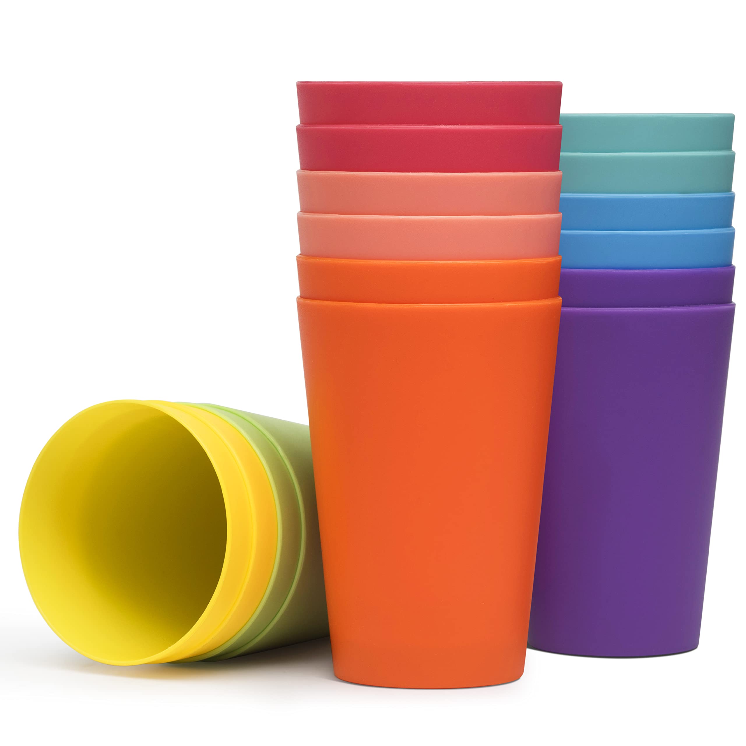 Klickpick Home - Set of 16 Kids Plastic Cups - 12 Ounce Children Drinking Cups Tumblers Reusable - Dishwasher Safe - BPA-Free Cups for Kids & Toddlers Bright Colored Unbreakable Kids And Toddler Cups