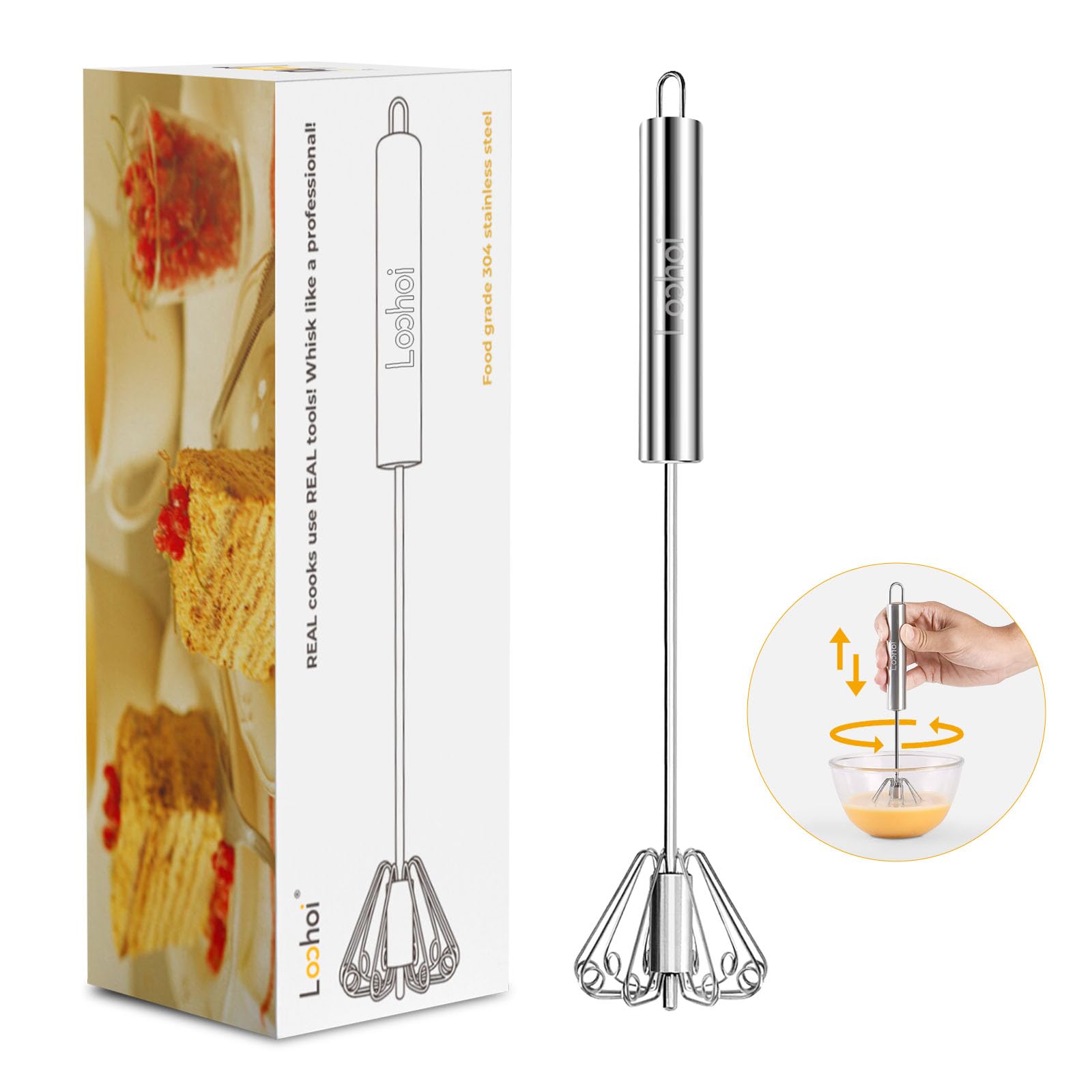 Upgraded Stainless Steel Semi-Automatic Whisk - Easy to Use Whizzy Whisk, Versatile Wisker Tool for Cooking, Kitchen Essential Egg Beater for Baking, Whisking, Beating & Stirring (10in)