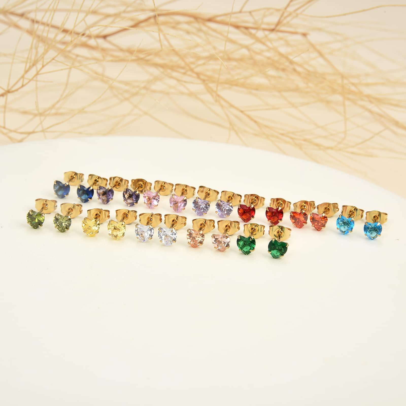 12 Pairs 18K Gold Plated Surgical Stainless Steel Stud Earrings, Star Heart Stud Earring for Women, Cubic Zirconia Birthstone Stud Earrings Set (Gold heart 3mm)
