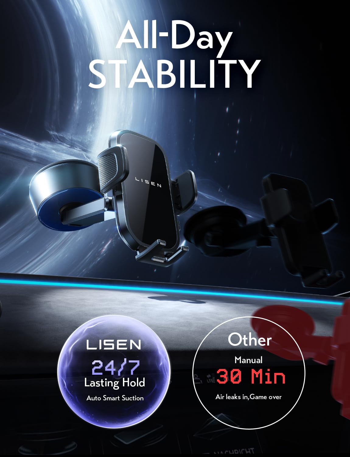 LISEN Electric Retractable Car Phone Mount, iPhone Vacuum Electric Suction Cup Phone Mount, Suction Cup Magnetic Phone Holder, only for Mirror, for iPhone 17 Pro Max Plus 16 15 ~ X, Samsung Galaxy S25