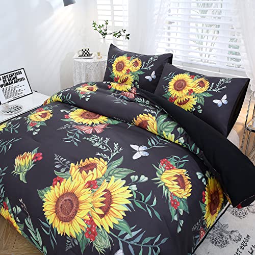 ZRNBAST Aqua Blue Sunflower Comforter Set Twin-3 Piece Butterfly Yellow Floral Bedding Sets-All Season Warmth Ultra Soft Farmhouse Bedding Comforter Sets Twin Size (Twin, Aqua Blue)