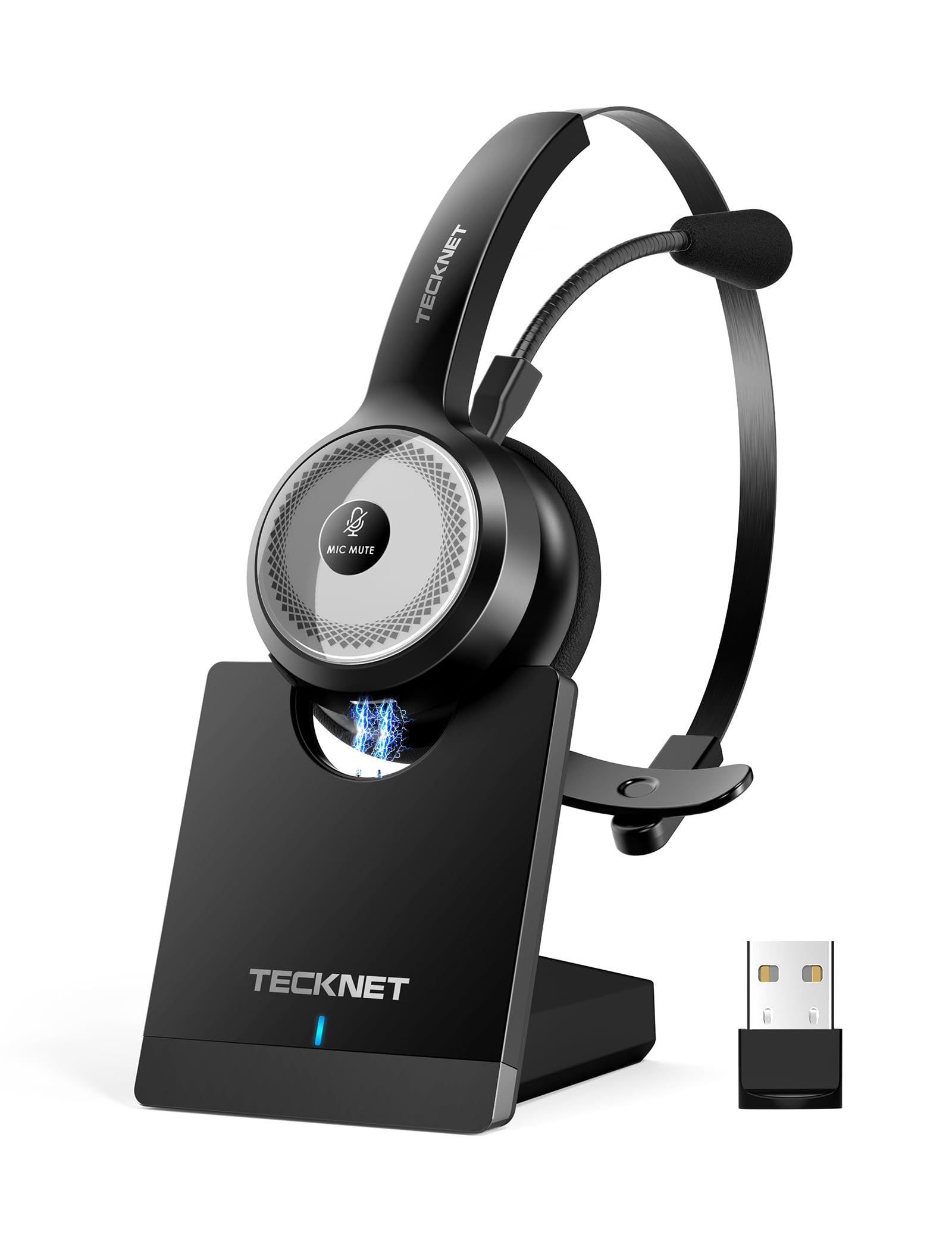 TECKNET Bluetooth 5.0 Headset with Microphone for PC, USB Wireless Headset with Mic for Work, 40Hrs Worktime AI Noise Cancelling On Ear Bluetooth Headphones with Charging Base for Laptop/Call Center