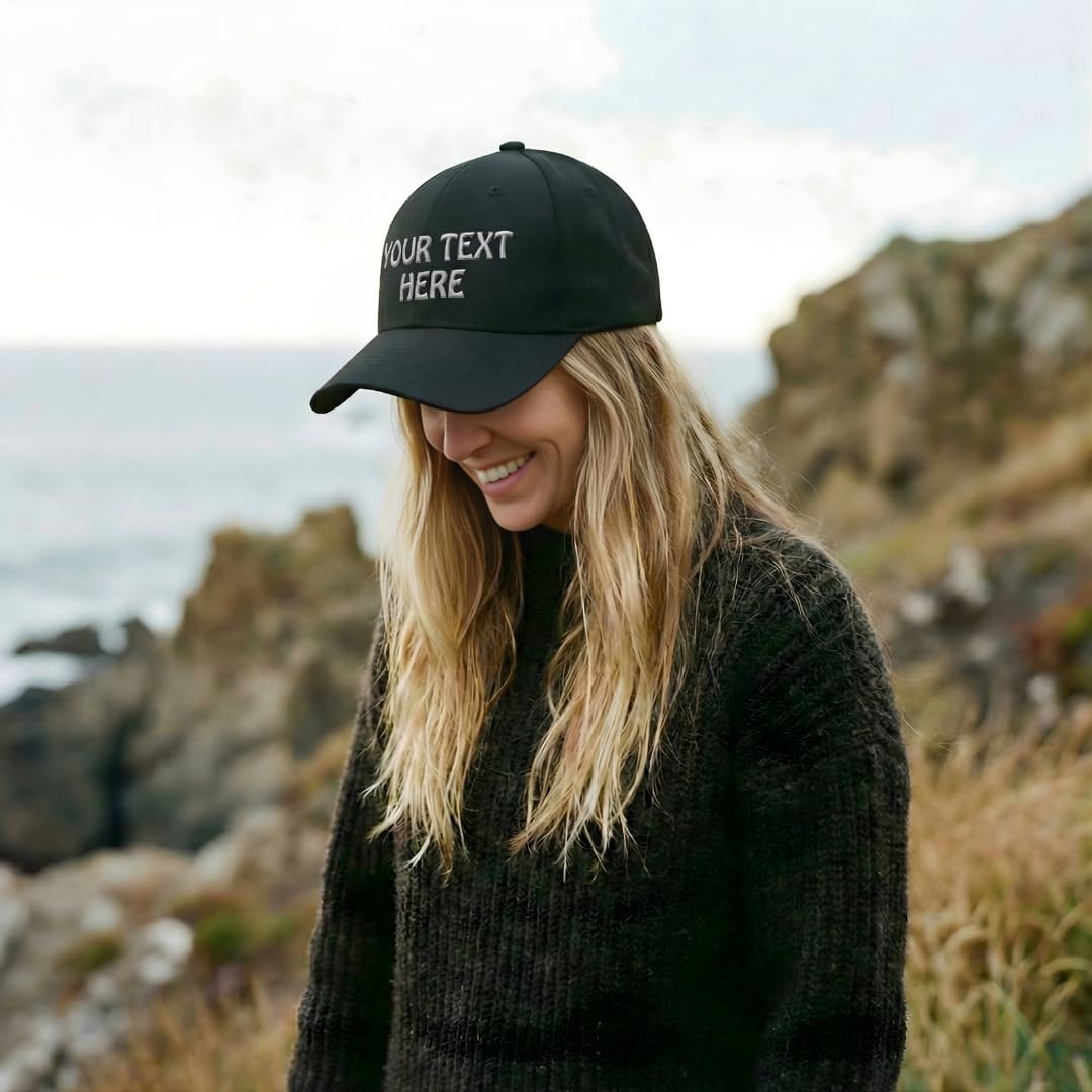 Baseball Cap Custom Personalized Text Acrylic Dad Hats for Men & Women Strap Closure Black