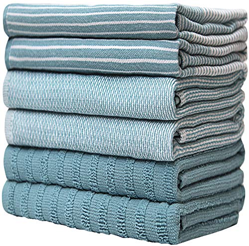 Premium Kitchen Towels 20”x 28”- 6 Pack| Large Cotton Kitchen Towels | Hand Towels for Kitchen | Flat & Terry Towel | Dish Towels | Highly Absorbent Tea Towels Set with Hanging Loop | Red Striped