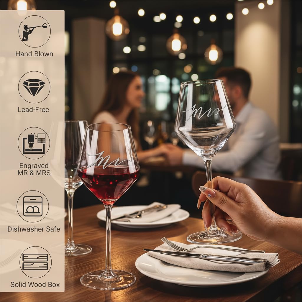 Mr Mrs Wine Glasses Gifts for Engagement/Bridal Shower/Wedding,Just Engaged Gifts for Coules/Women/Newlyweds,Bridal Shower Gift for Bride to be-Wedding Keepsake Wooden Box Set for Christmas Couples