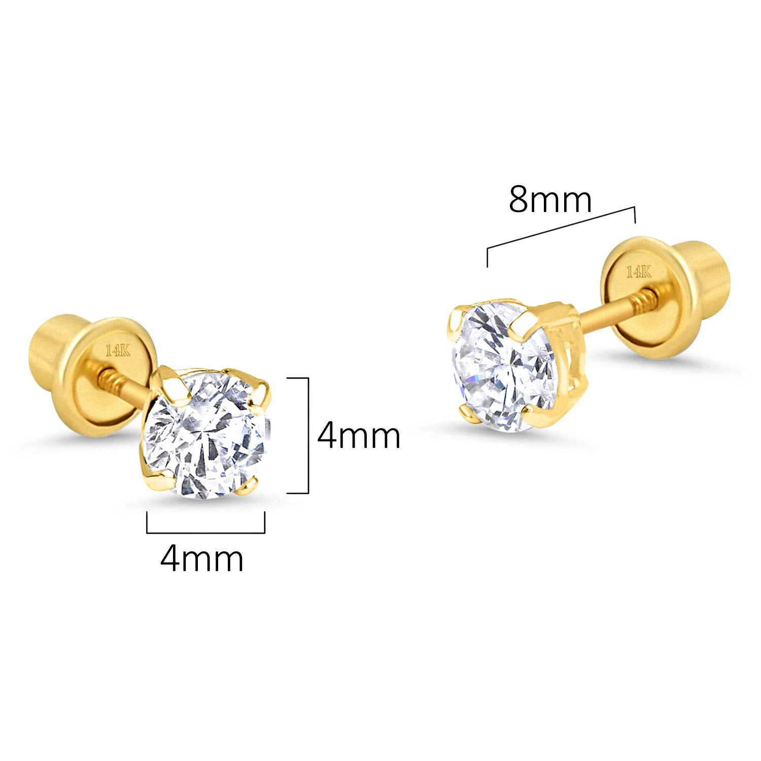 14k Yellow Gold 4mm Basket Round Solitaire Cubic Zirconia Children Screw Back Baby Girls Earrings