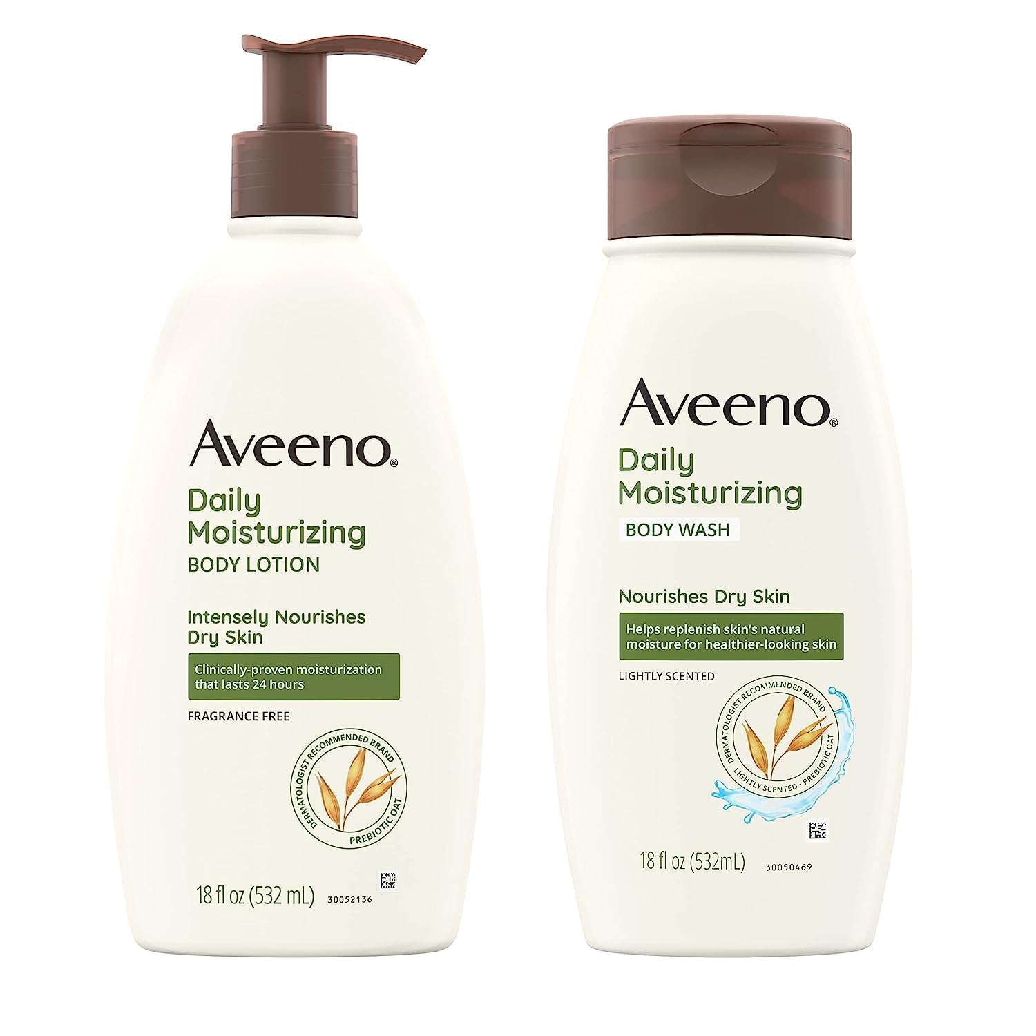Aveeno Daily Moisturizing Lotion & Wash Regimen Pack, Nourishing Daily Moisturizing Body Lotion for Dry Skin, 18 oz, & Hydrating Body Wash with Soothing Prebiotic Oat, 18 oz, 2 Items