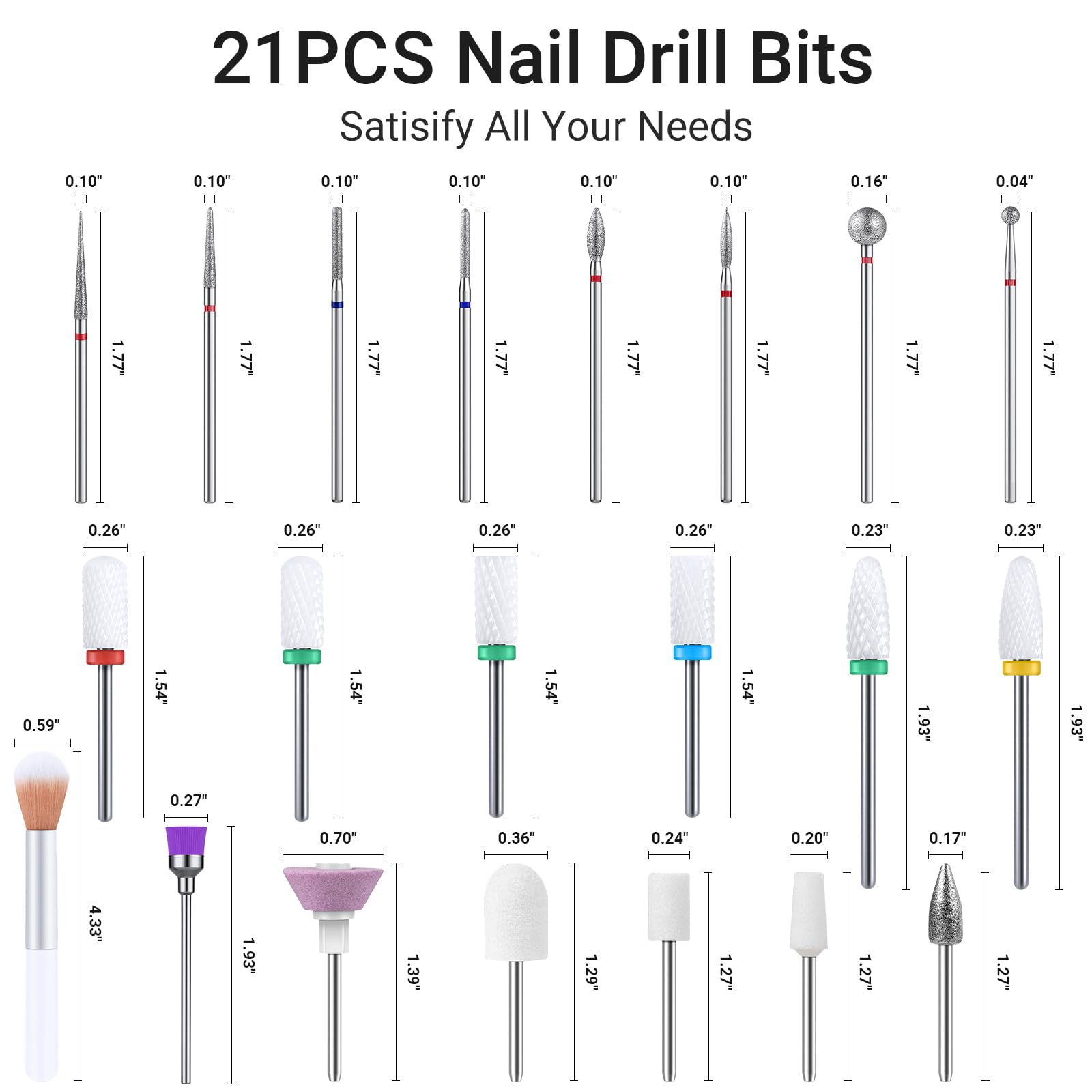 MelodySusie 21pcs Nail Drill Bit Set, Professional 3/32'' Ceramic Diamond Carbide Acrylic Gel Nail Art Tool Kit, Cuticle Remover Bit for Acrylic Gel Dip Powder, Nail Manicure Pedicure, Salon Home