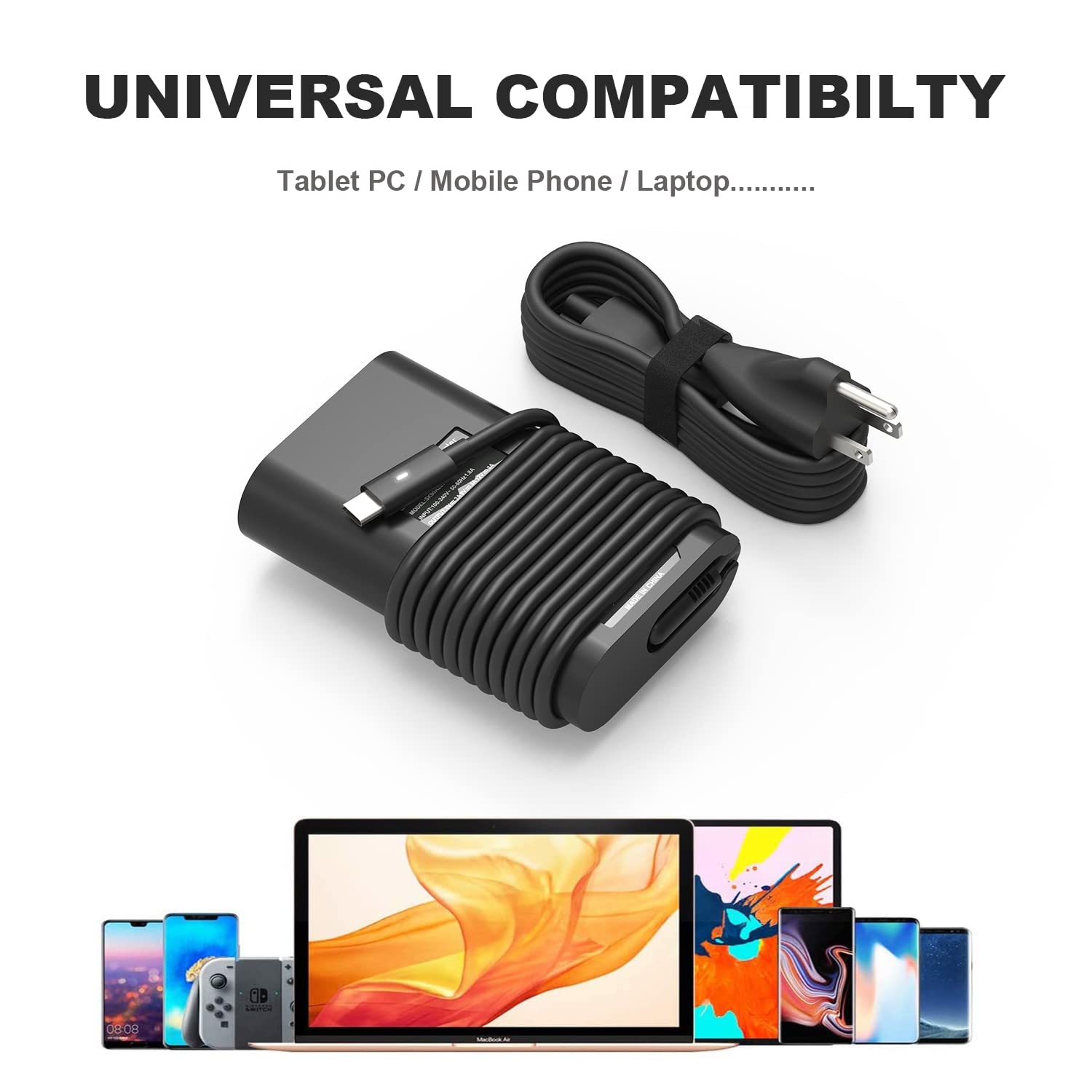 65w 45w USB-C Type C Laptop Charger Replacement for Dell Latitude 7275 7370 5420 5285 5290 5520 XPS 13 9250 9360 9365 9370 9380 9350 9550 Chromebook 3100 3400 5190 la65nm170 02YK0F Adapter Power Cord