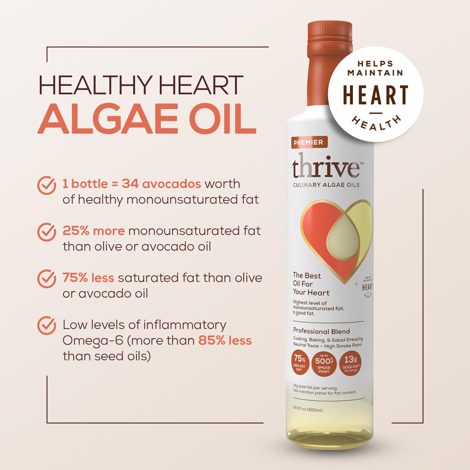 Thrive Algae Cooking Oil - Heart and Health-Conscious Cooking Oil, Rich in Omega-9 Monounsaturated Fat, Premier Blend, 16.9 fl oz