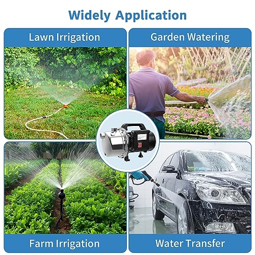 Lanchez 1 HP Shallow Well Pump,Garden Pump, Portable Stainless Steel Water Transfer Draining Irrigation Jet Pump for Water Removal, Lawn Fountain Pump 1294 GPH 147 Feet Height