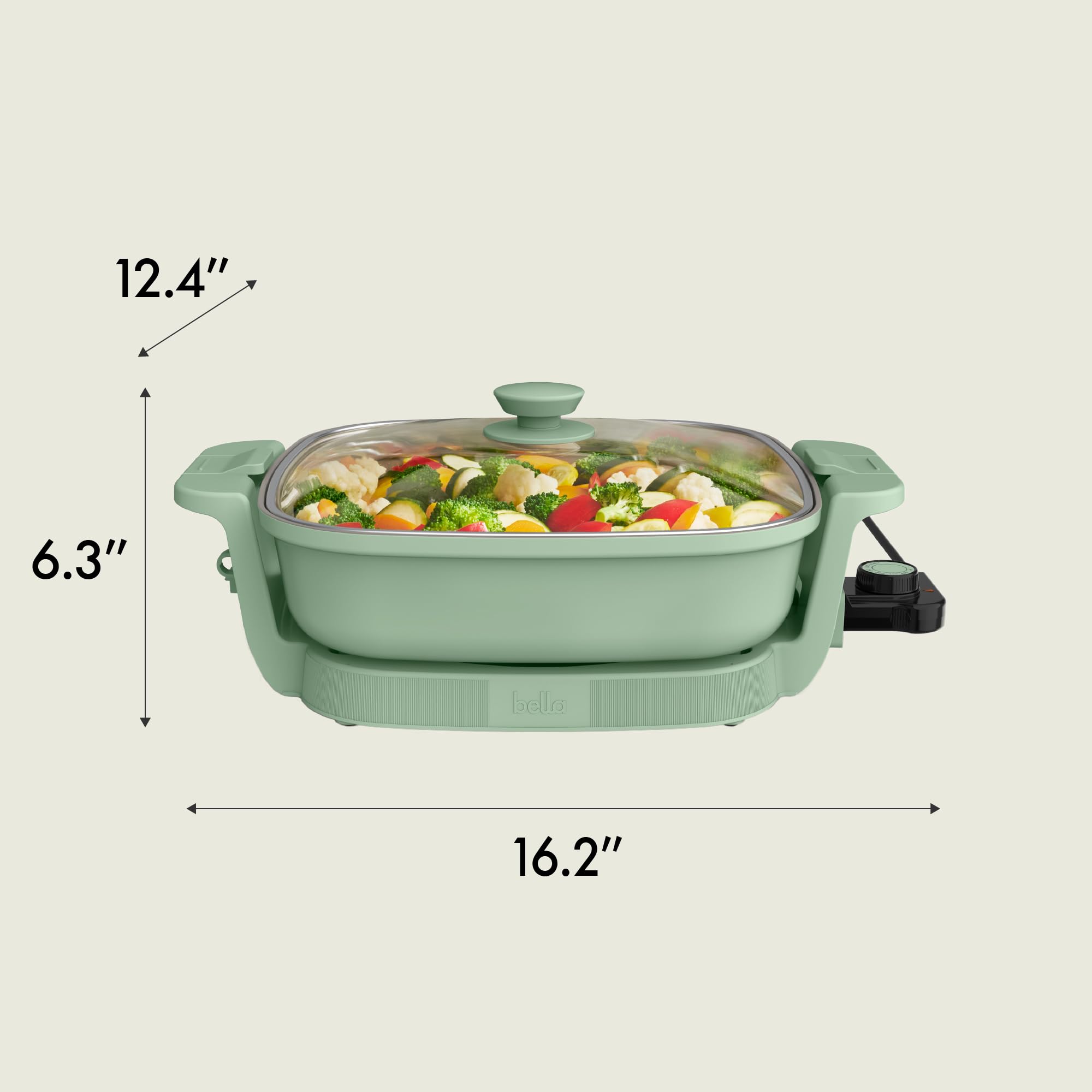 bella Make & Take Electric Skillet, Fits-anywhereâ„¢ kitchenware, EverGoodâ„¢ Ceramic Coating, Adjustable Temperature & Dishwasher-Safe Tempered Glass Lid, Cast Aluminum Base, 1200 Watt, Seaglass