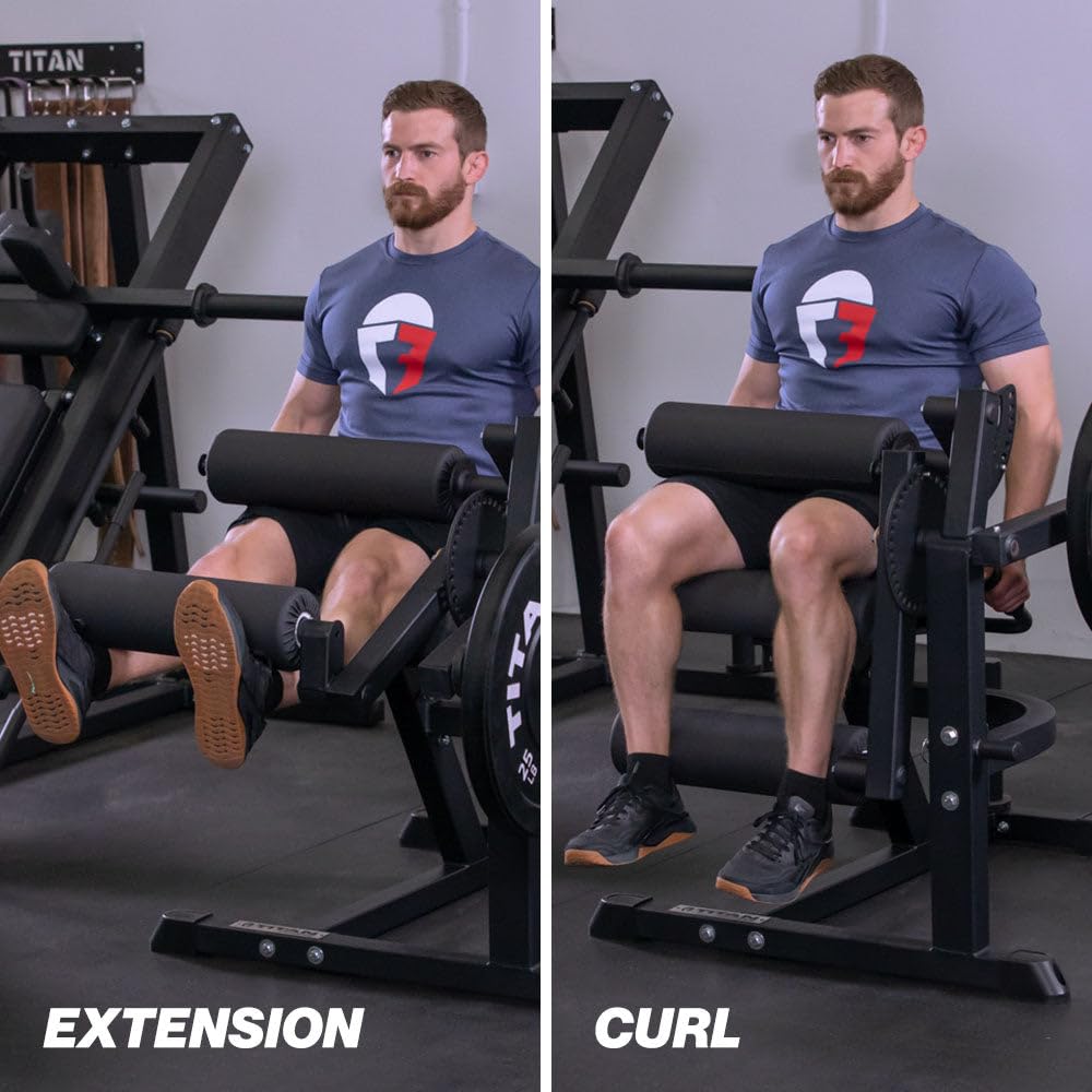 Titan Fitness Plate Loaded Adjustable Leg Extension and Curl Machine, Rated 300 LB, Lower Body Specialty Machine for Extension and Curls, Muscle Focus on Thigh, Quads and Hamstrings