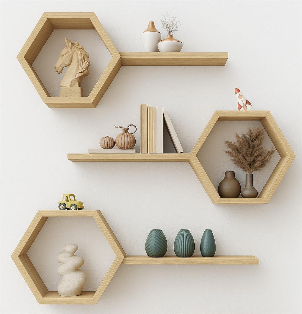 Decovate Hexagon Floating Shelves Set of 6 Honeycomb Shelves for Wall, Wooden Hexagon Shelves for Farmhouse Storage (Light Oak)