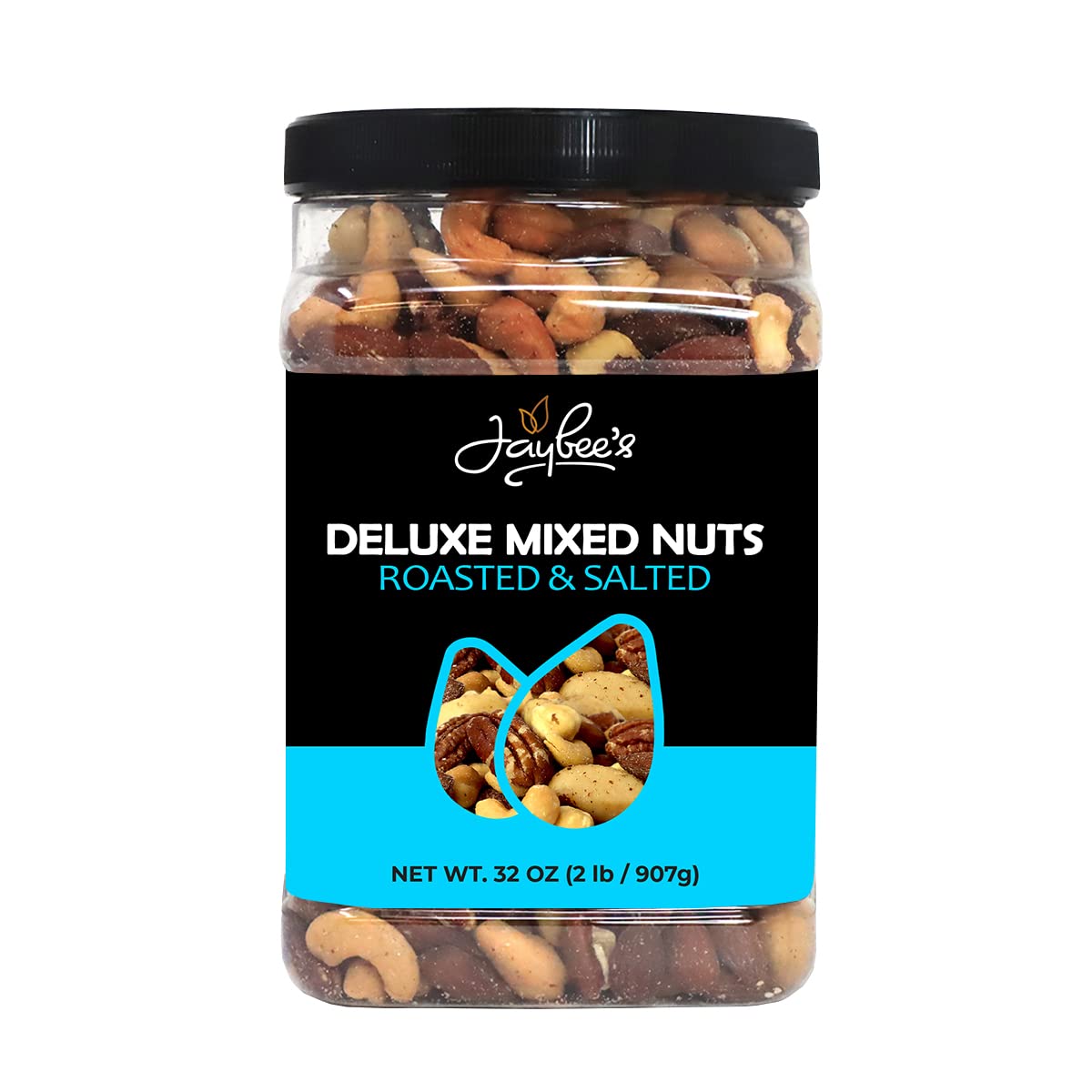 Mixed Nuts Deluxe - Roasted & Salted | 32 oz Reusable Container | Healthy Gourmet Variety Snack Mix with Cashews, Almonds, Brazil Nuts, Pecans, Hazelnuts (No Peanuts) Holiday Gifts | Keto, Vegan Friendly, Healthy Nut Mix | Jaybee's