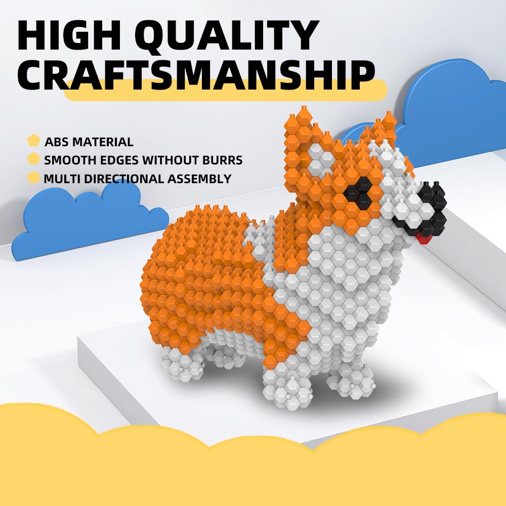 KADELE Cute Dog Building Animal Sets, Extremely Challenging STEM Building Blocks Decor for Adults Kids, Micro 3D Educational Toys for Boys Girls Ages 8 and Up,Corgi