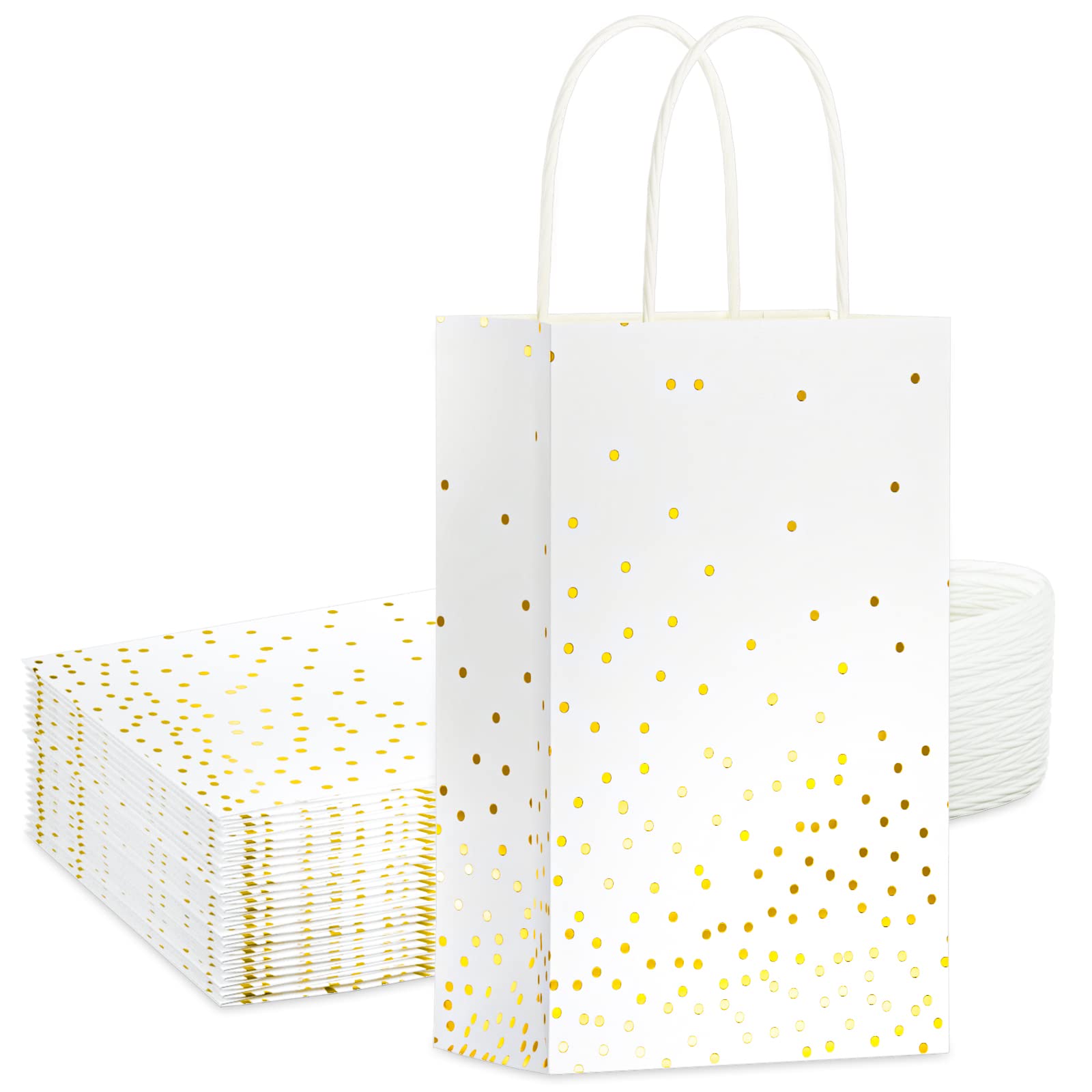 ECOHOLA 25 Pack White and Gold Gift Bags with Handles and Gold Foil Dots, Perfect for Bridal Party, Birthday Party, Wedding or Baby Showers