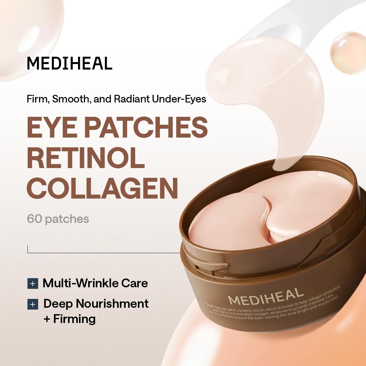 Mediheal Retinol Collagen Under Eye Patches - Korean Hydrogel Eye Pads (60 patches) with 95% Retinol & 5 Micro Collagen. Nourishing & Non Irritating Eye Gel Mask. Sealing Cap & Spatula Included.