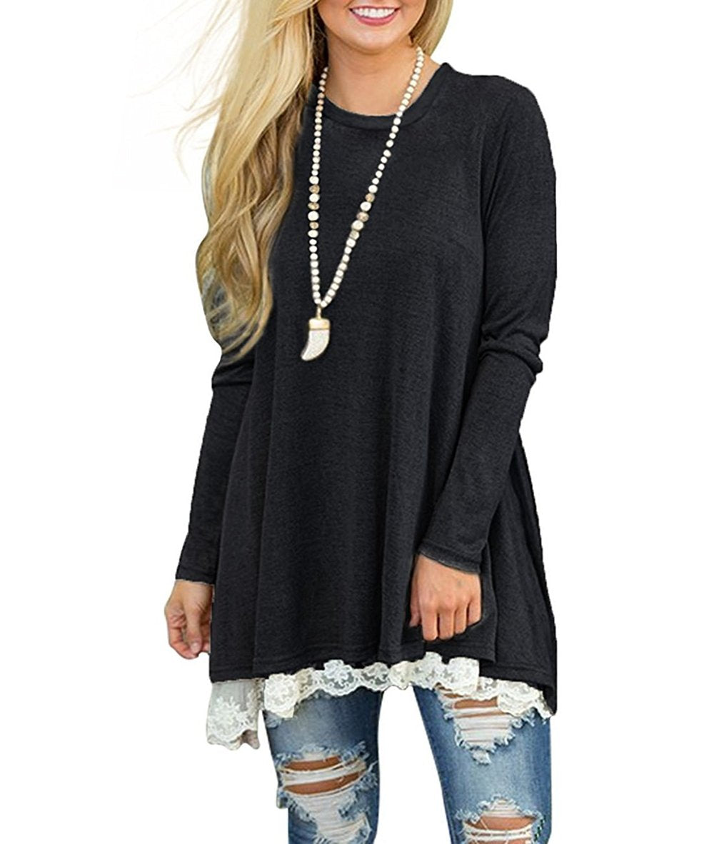 WEKILI Women's Tops Long Sleeve Lace Scoop Neck A-line Tunic Blouse Black L/US 12-14