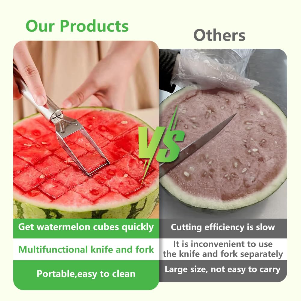 2-in-1 Stainless Steel Fruit Cutter, Watermelon Slicer with Fork, Dual Head Watermelon Fork Slicer Tool for Cubes, Fruit Knife with Round Handle for Home Kitchen, Picnic & Party (1Pack)