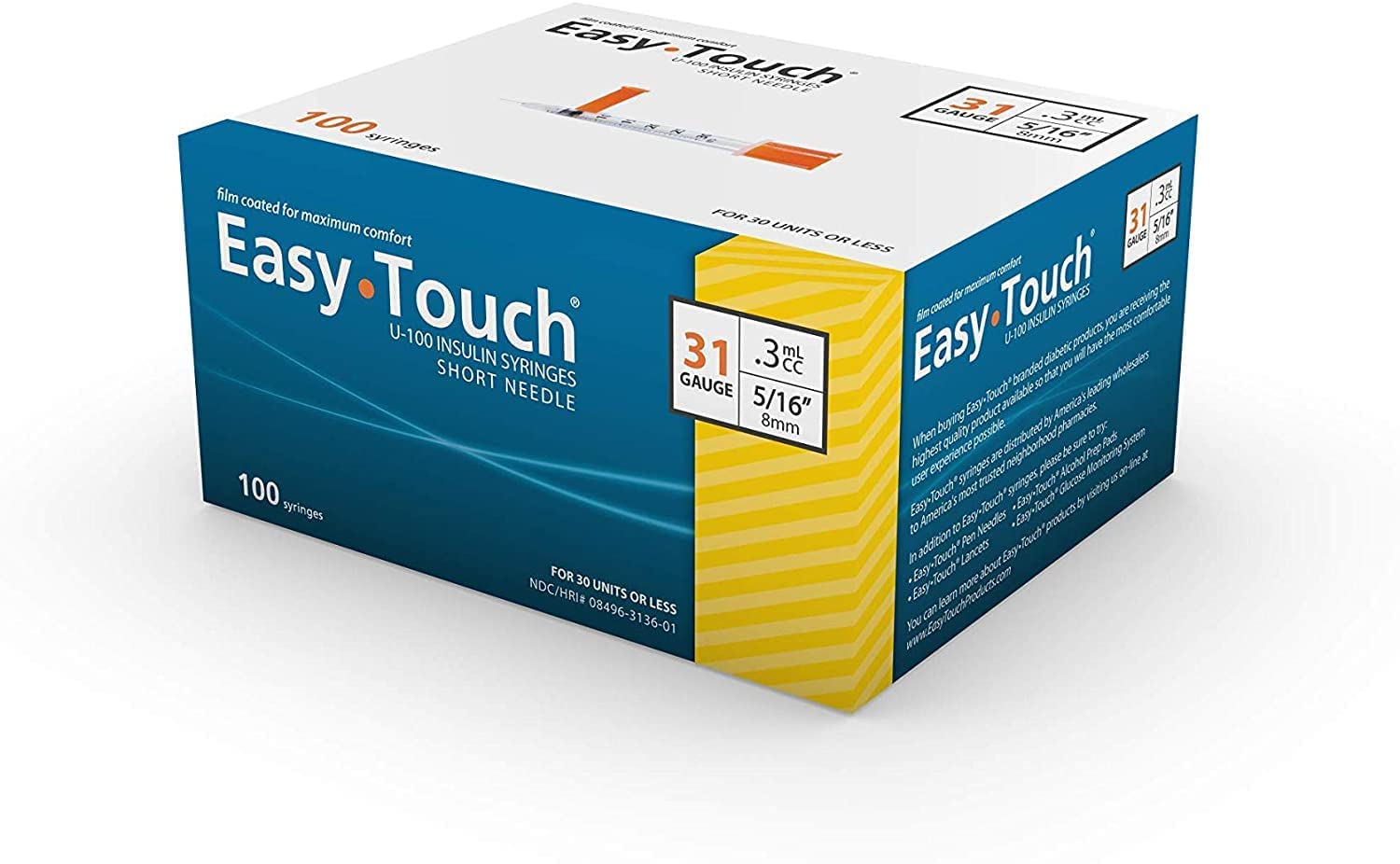 EasyTouch U-100 Insulin Syringe with Needle, 31G 0.3cc 5/16-Inch (8mm), Box of 100