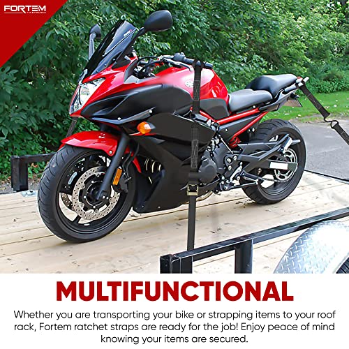 FORTEM Ratchet Straps (4), 1650lb Break Strength, 15ft Tie Down Strap, 4 Soft Loops, Motorcycle Straps Tie Downs, Cargo Straps for Trucks, Metal Hooks