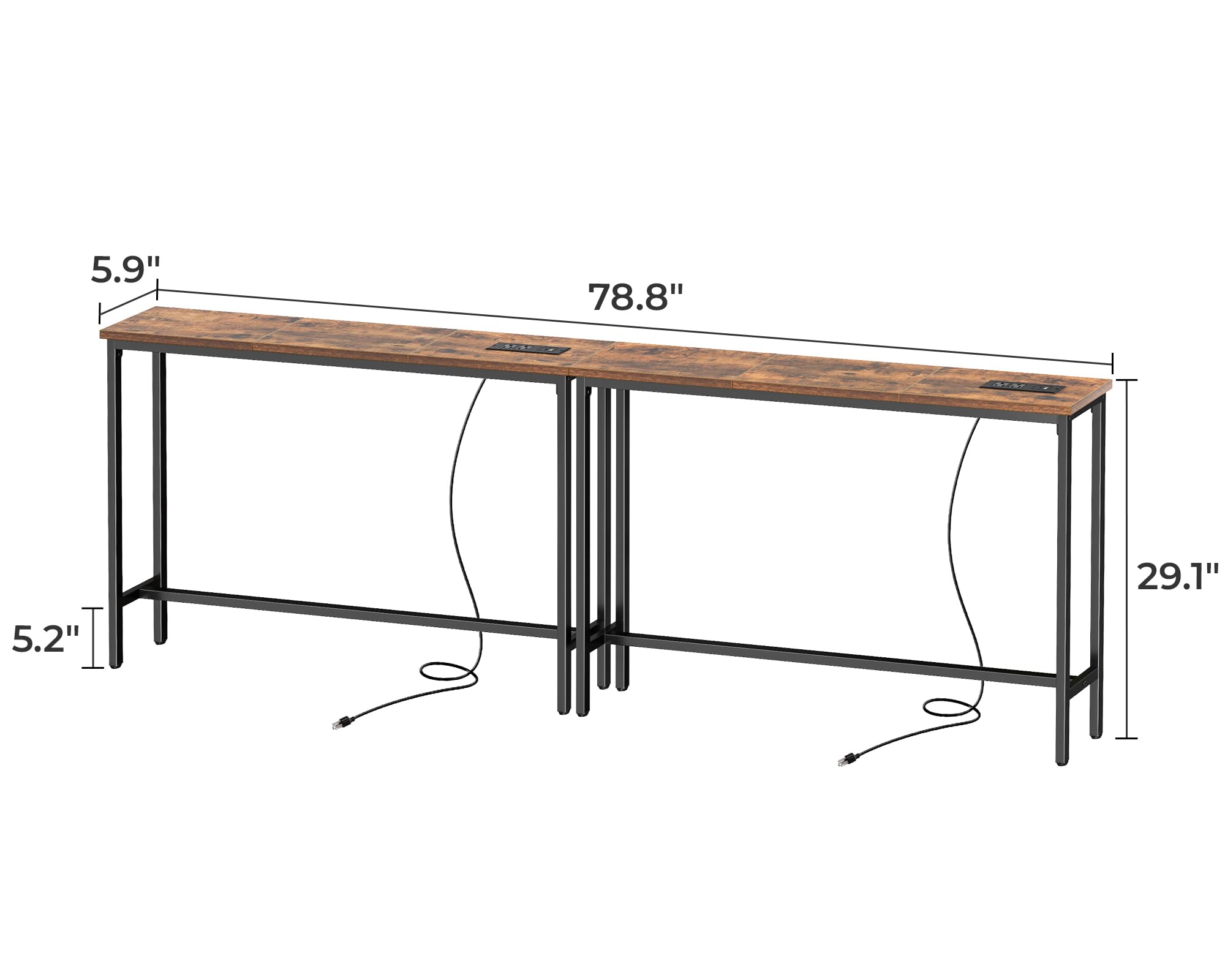 SUPERJARE 5.9 Inch Narrow Console Table with Outlet, Sofa Table Set of 2, Total Length 78.8'', Behind Couch Table, Long Entryway Tables with Charging Station, for Living Room, Hallway, Rusitc Brown