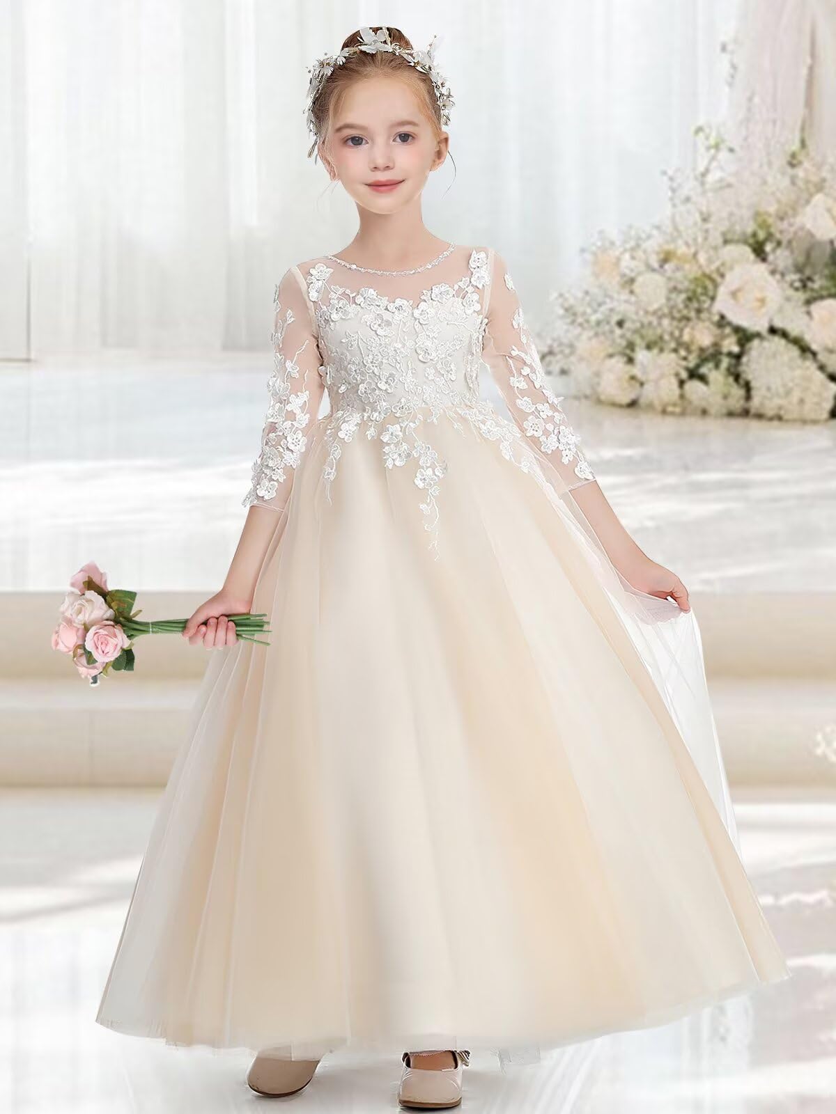 MXODI White Lace Applique Flower Girl Dresses for Wedding Party Gowns A Line Floor Length First Communion Dress with Long Sleeve Puffy Tulle Girla Wedding Dress White Size 2