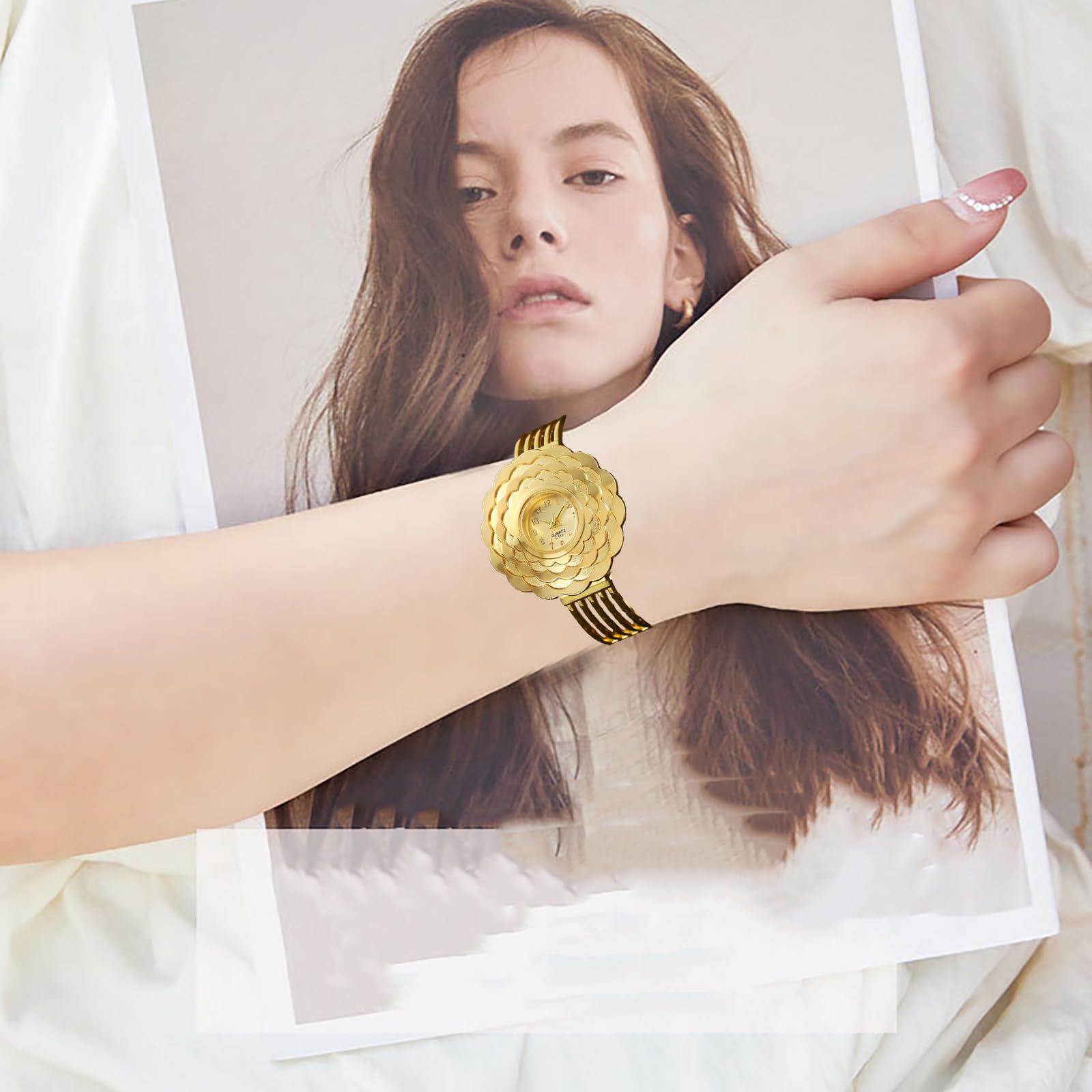 BESTKANG Womens Luxury Watch Flower Shape Cuff Bracelet Analog Quartz Wrist Watch Fashion Casual Watches for Women (Gold)