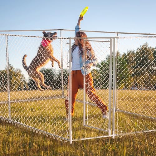Lucky Dog Heavy Duty Outdoor Galvanized Chain Link Dog Kennel Enclosure with Latching Door, 1.5 Inch Raised Legs, and Adjustable Configuration, Silver