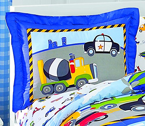dream FACTORY Trucks Tractors Cars Boys 5-Piece Bedding Comforter Sheet Set, Twin Blue Red Multi
