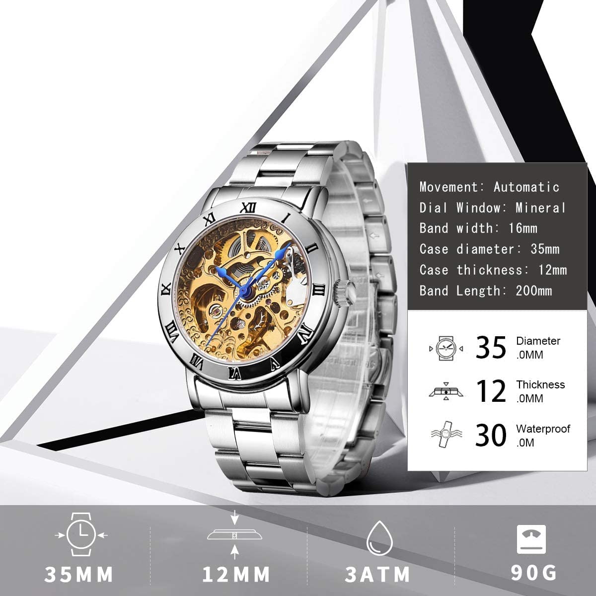 BESTKANG Womens Skeleton Watch Automatic Self Winding Luxury Waterproof Silver Stainless Steel Silver Watches (Gold)