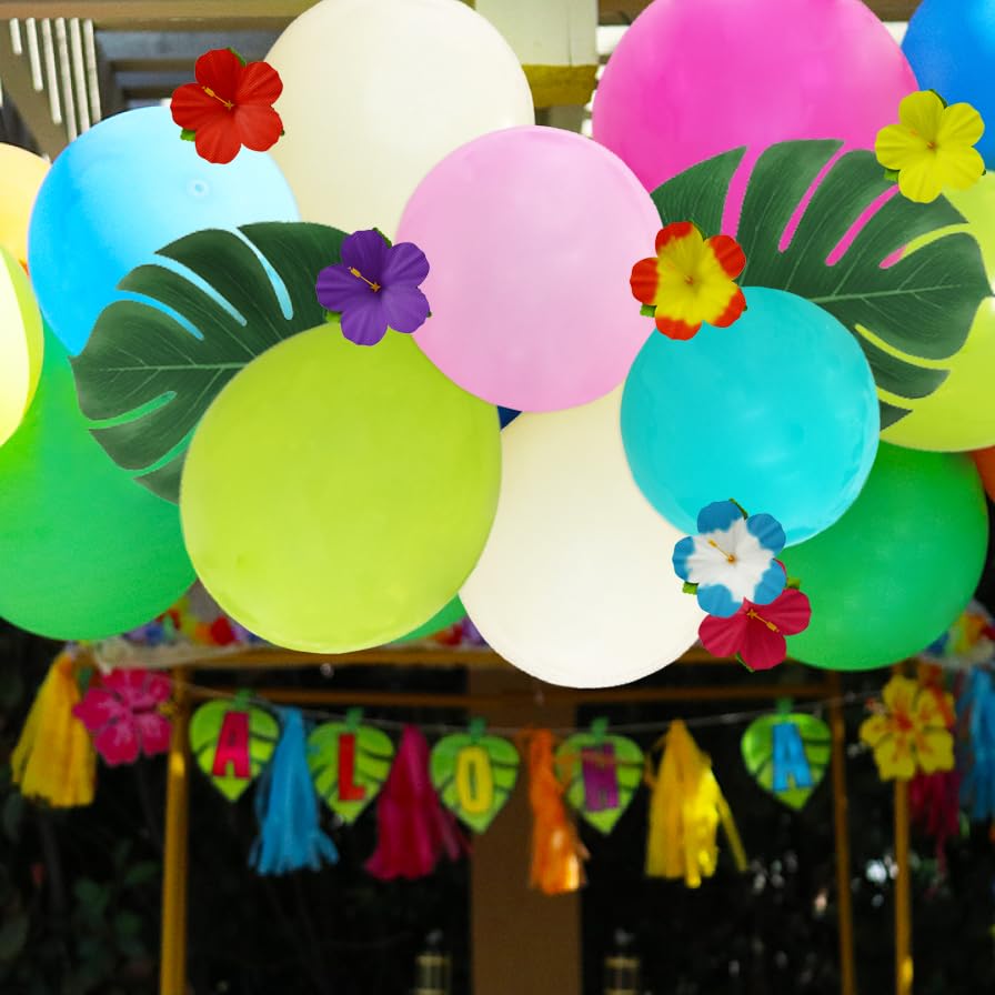 Tropical Luau Balloon Arch Kit with Green Pink Blue Balloons and Palm Leaves Hibiscus Flowers for Hawaiian Luau Tiki Tropical Birthday Party Decorations Supplies, 12/10/5 Inch