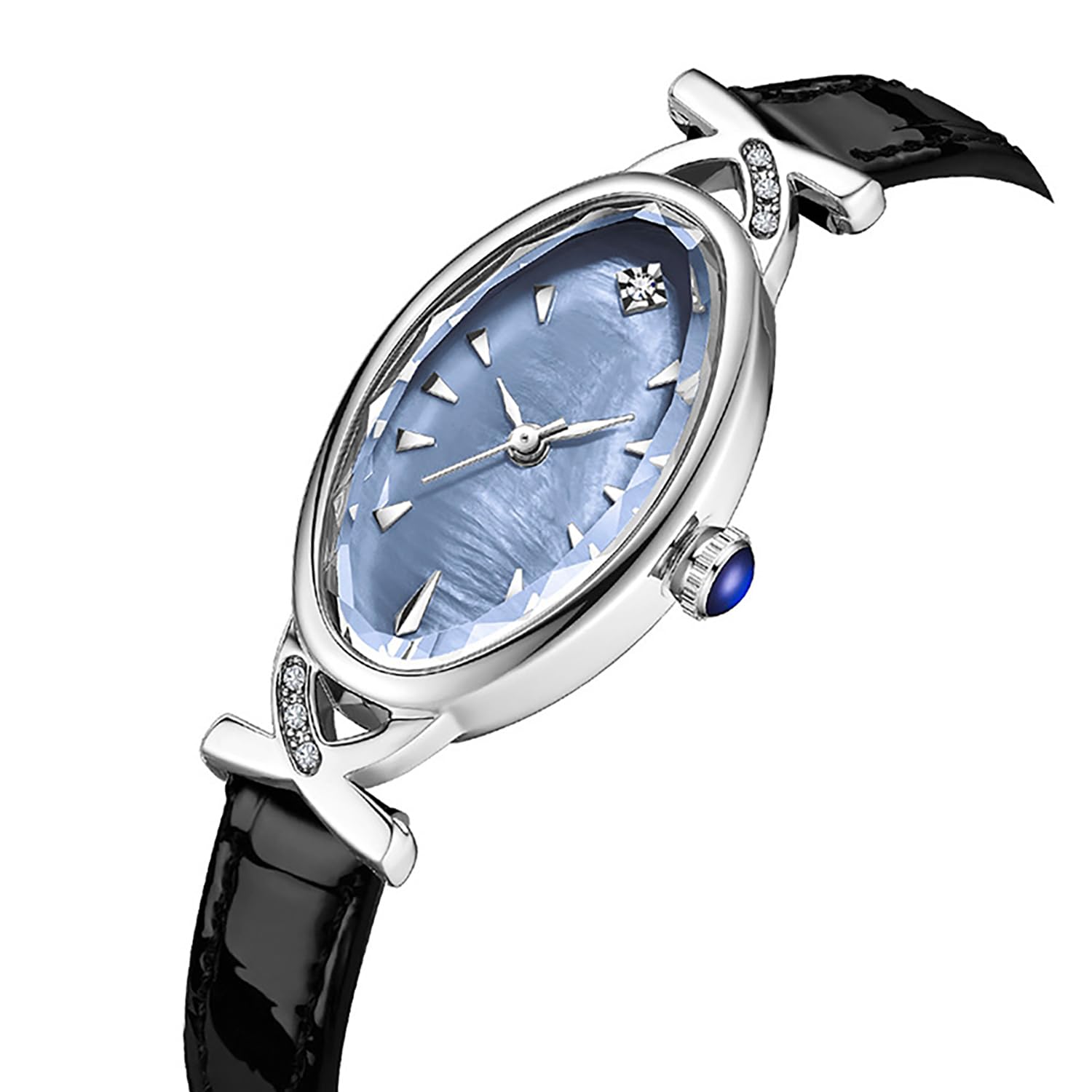 BESTKANG Leather Women's Watch Dainty Vintage Oval Ladies' Watch Elegant Diamond Waterproof Quartz Gold Watches for Women (Black Silver Blue)