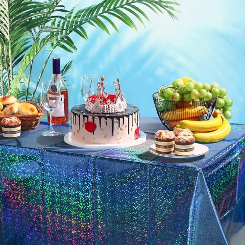 3 Pack Iridescent Blue Plastic Tablecloth, FunnyPars Shiny Disposable Laser Rectangle Table Cover, Holographic Foil Tablecloth Iridescent Party Decorations for Birthday Wedding Ocean Theme, 54x108Inch