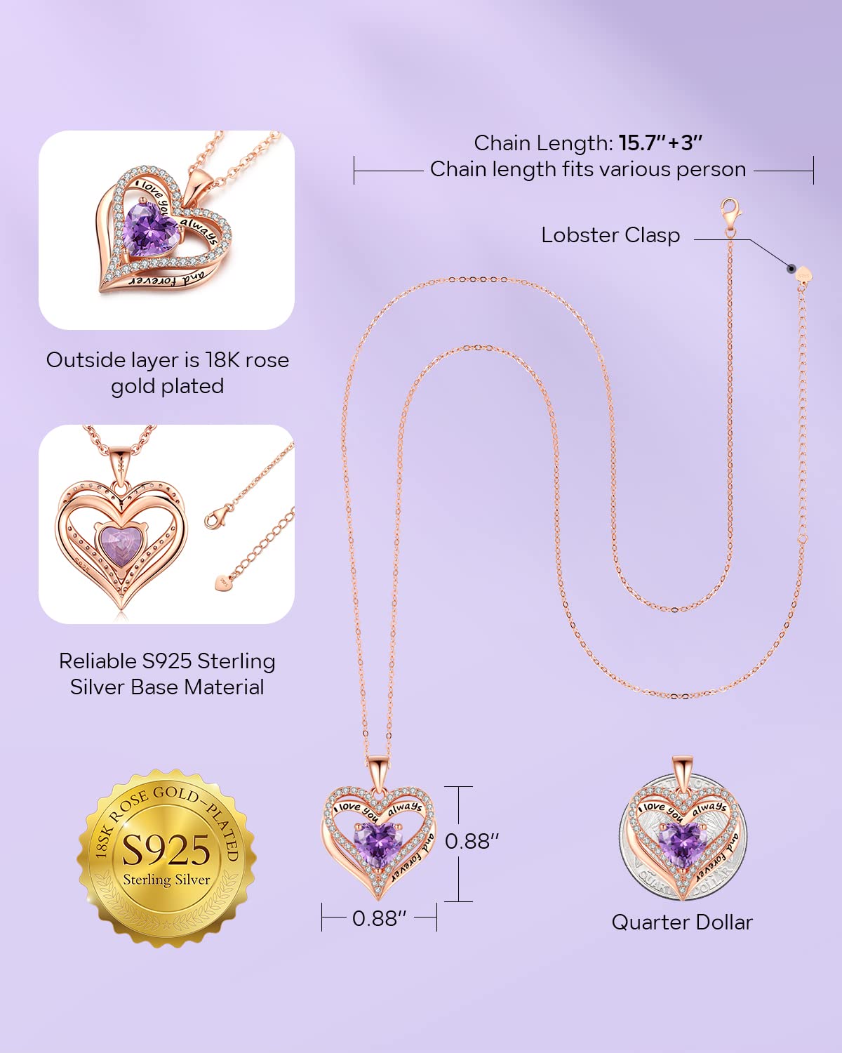 S925 Sterling Silver Necklace for Women, Wife Jewelry Birthday Christmas Gifts, Rose Gold Anniversary Necklaces, Daughter Heart Jewel, Gift for Her, Feb