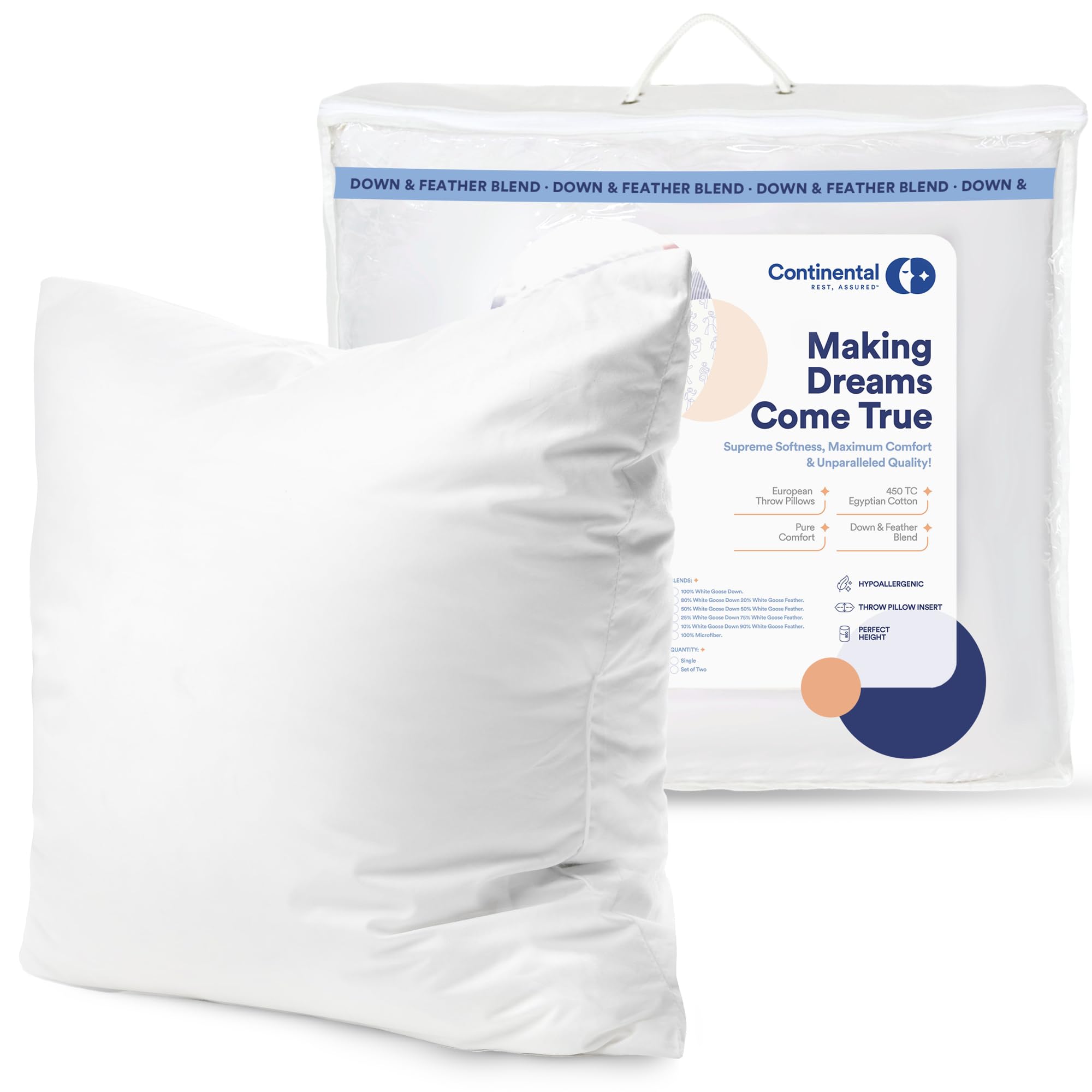 Continental Bedding Decorative Throw Pillow Goose Down and Feather Fill 50/50, 18x18 inch, White