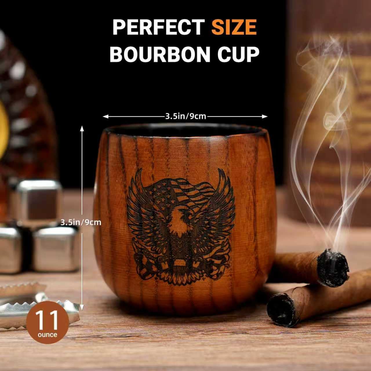 Wooden Whiskey Glass β Wooden Bourbon Drinking Glass with Eagle Design β Solid Wood Whiskey Cup β Old Fashioned Glasses Set of 2 β Birthday, Retirement, Weddings, Anniversaries Gift for Men Women