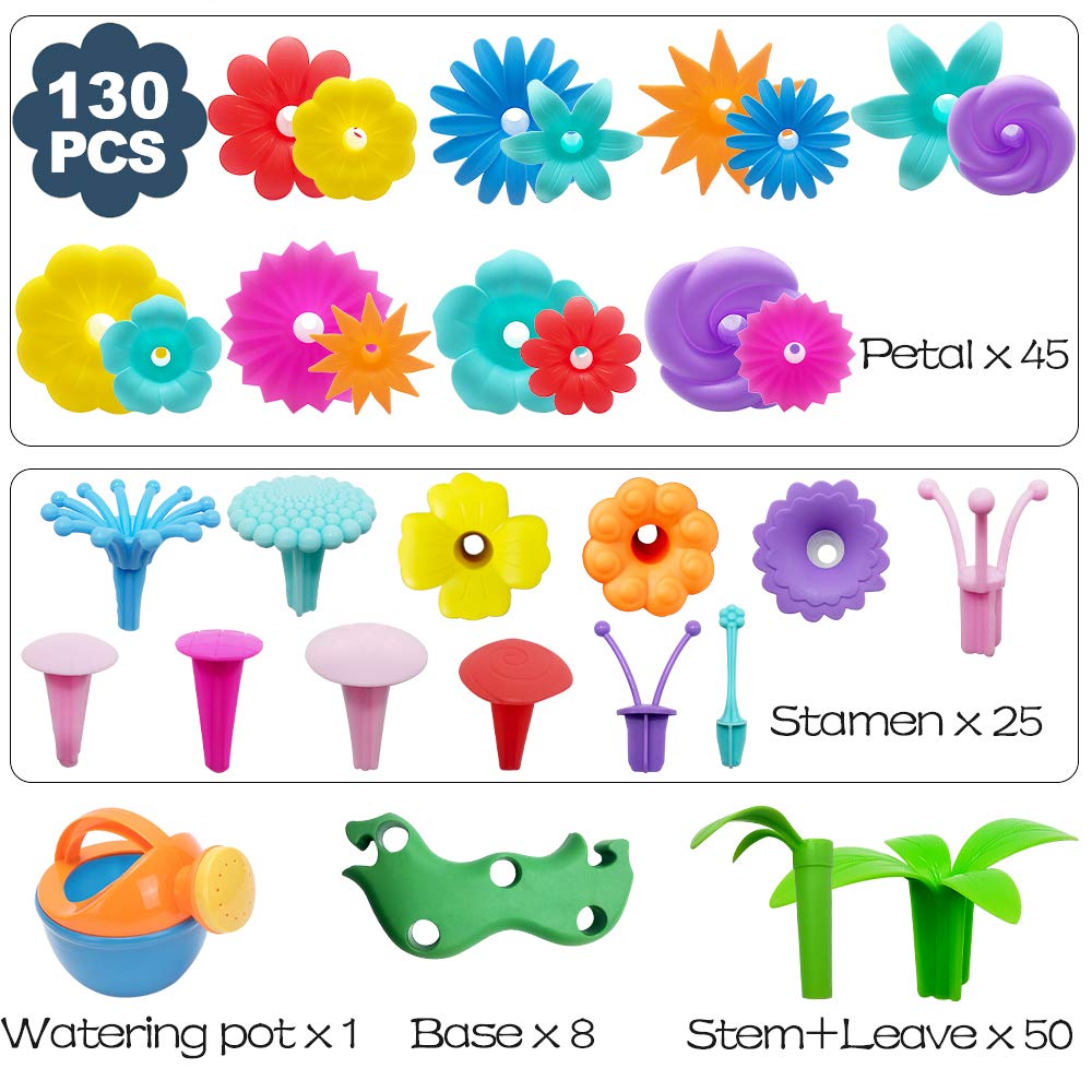 Scientoy Flower Garden Building Toys, Girl Toys Build a Garden, 130 PCS Flower Pretend Gardening Gift for Kids, Floral Arrangement Playset for Age 3-7 Year Old Child Educational Activity
