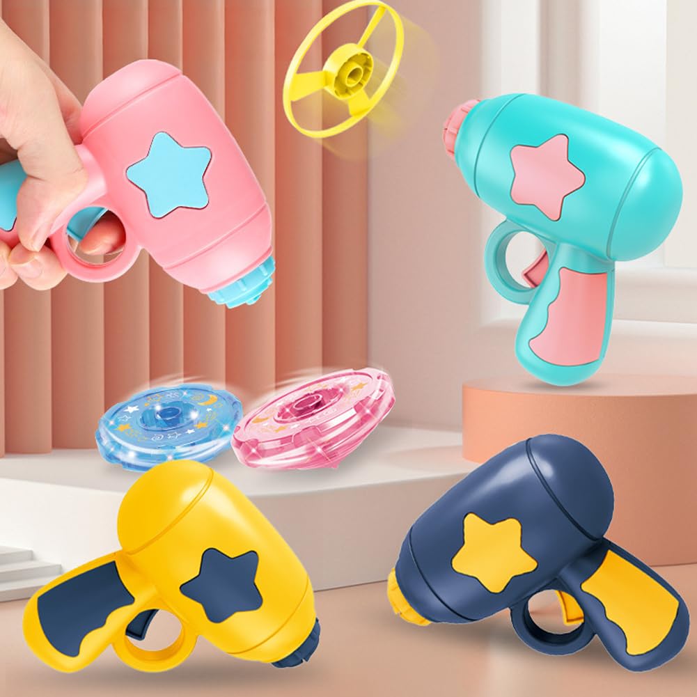 Vilbocr Flying Disc Launcher Toy,Fun and Easy-to-Use Outdoor Toys Outside Yard Games Kids 3-8,1 Flying Saucer & 6 Discs and Gyroscope(2 Glow in The Dark),Launch up to 32 ft (Green)