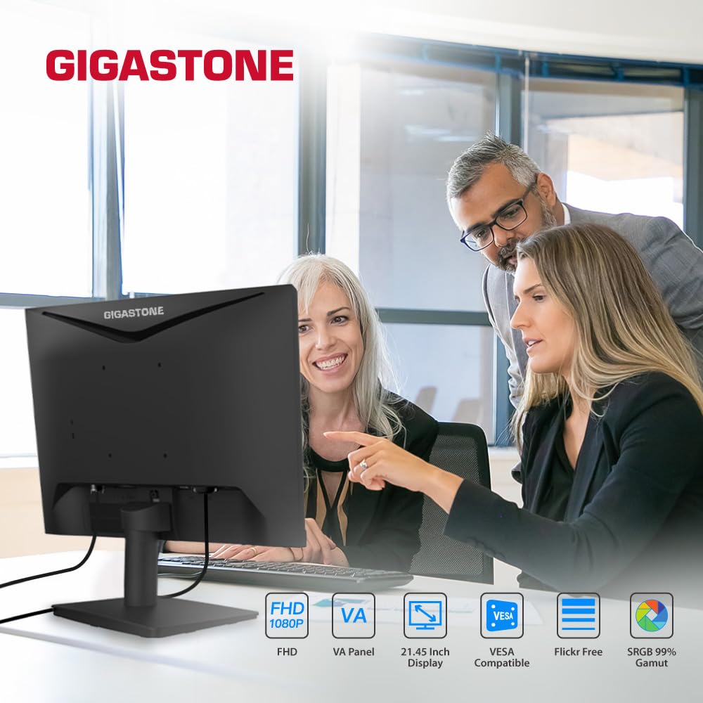 Gigastone 21.45 inch VA LED Back Light Monitor 75Hz FHD 1920 x 1080, 1080P 178° Wide View Frameless Computer Monitor 4ms, Eye Care Technology, Ergonomic Tilt VESA Mount, HDMI VGA