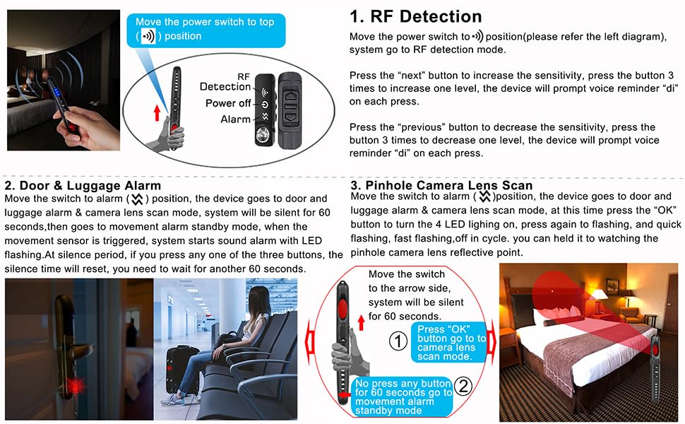 Hidden Camera Detectors, Spy Camera Detector, Bug Detector, RF Detector, Car GPS Tracker Detector, Listening Device Detector - 6 Levels Sensitivity, 4 Professional Modes Protect Your Privacy