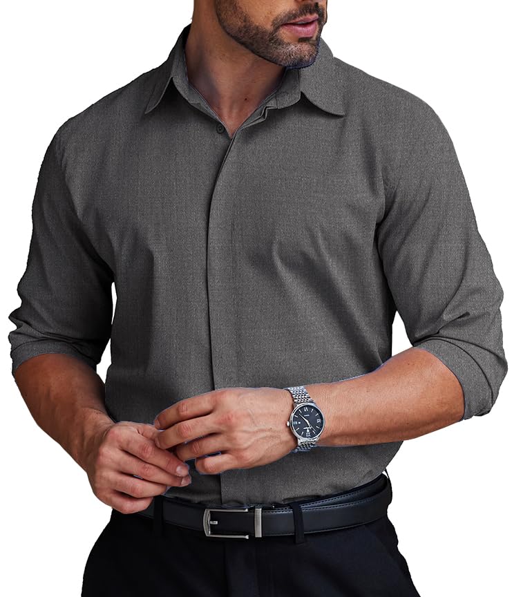 COOFANDY Mens Business Casual Shirt Covered Placket Button Up Long Sleeve Performance Suit Shirt for Men Relaxed Fit No Wrinkle Fitted Wedding Outfits Dark Grey Gray XL