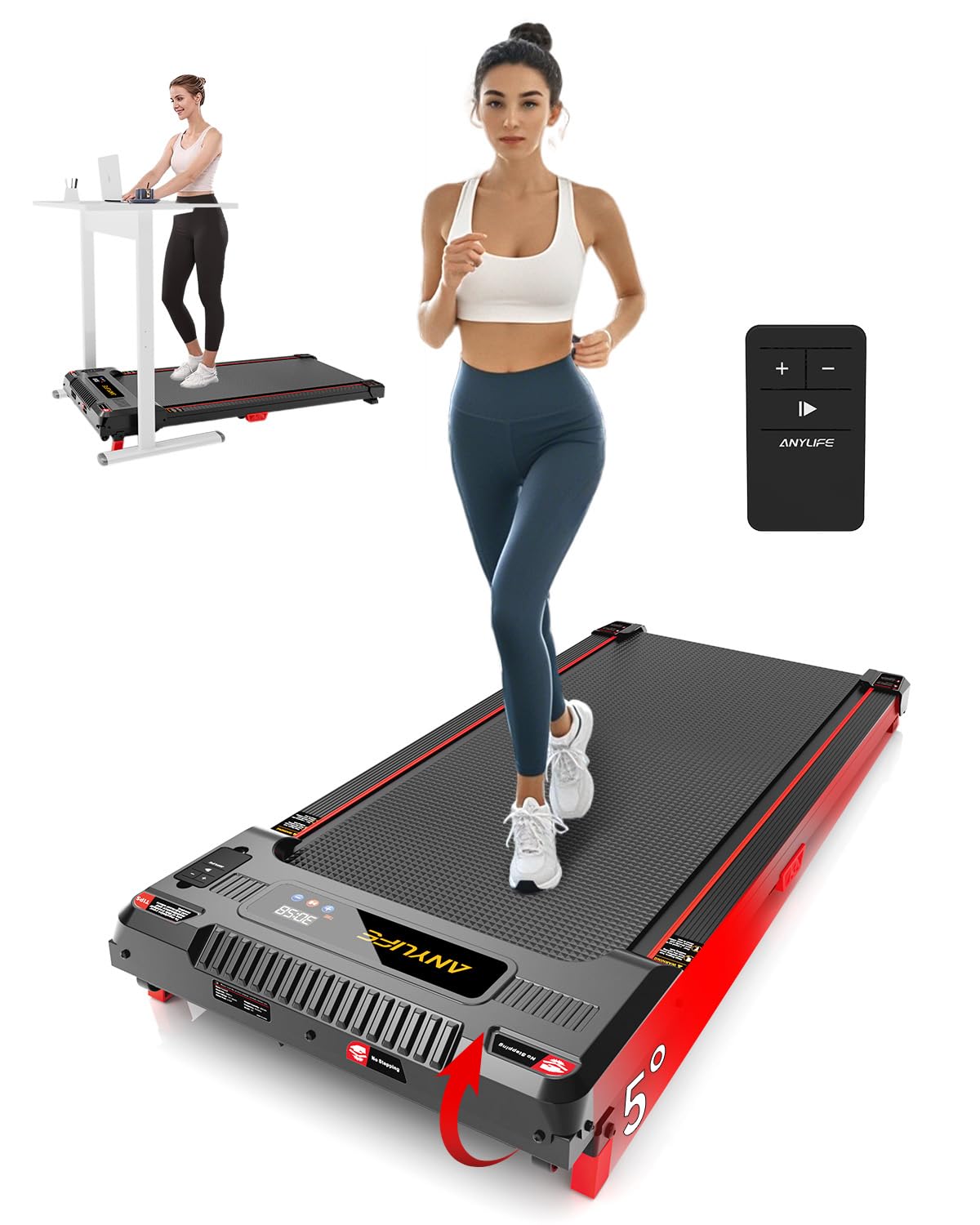 Walking Pad Treadmill, Anylife Incline Walking Pads Under Desk 330lb Capacity, 2.5HP Portable Treadmills for Home, Compact Treadmill Small Running Pad with LED Display, Remote Control, Black
