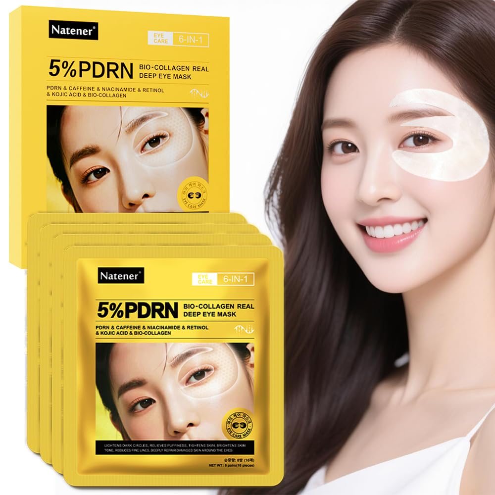 4 Pairs 5% PDRN Under Eye Patches, 6-in-1 Bio-Collagen 360° Eye Patches for puffy eyes, dark circles & Wrinkle | 2% Caffeine, Kojic acid, Retinol, Hyaluronic, Niacinamide | Korean Popular Eye Mask