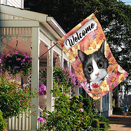 Morigins Welcome Floral Flowers Yard Flag Decorative Cute Kitty Spring Summer Double Sided House Flag 28x40 inch